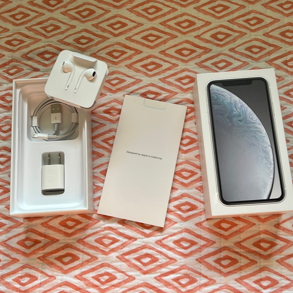 iphone charger, headphones, box